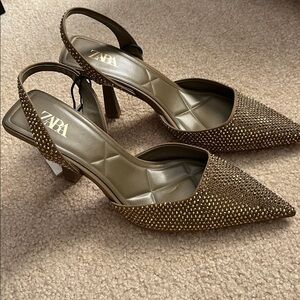 Zara the Viral Olive gold crystal Studded Slingback Heels
